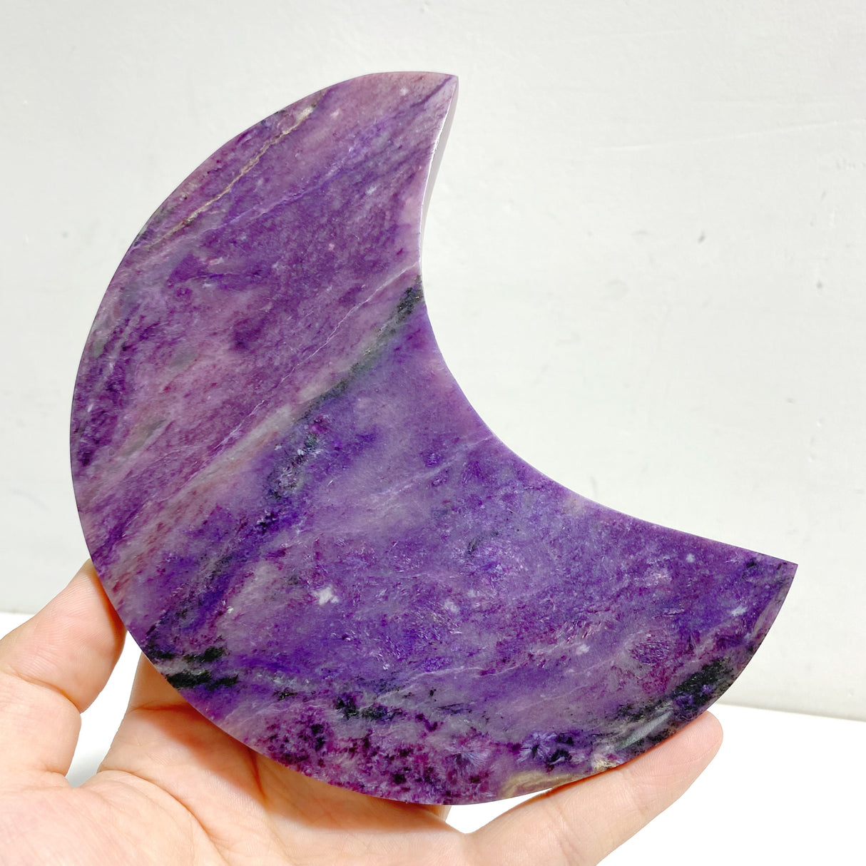 Large Charoite Moon Carving With Stand