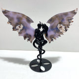 Unique Purple Sakura Flower Agate Demon and Angel Wing Carving With Stand