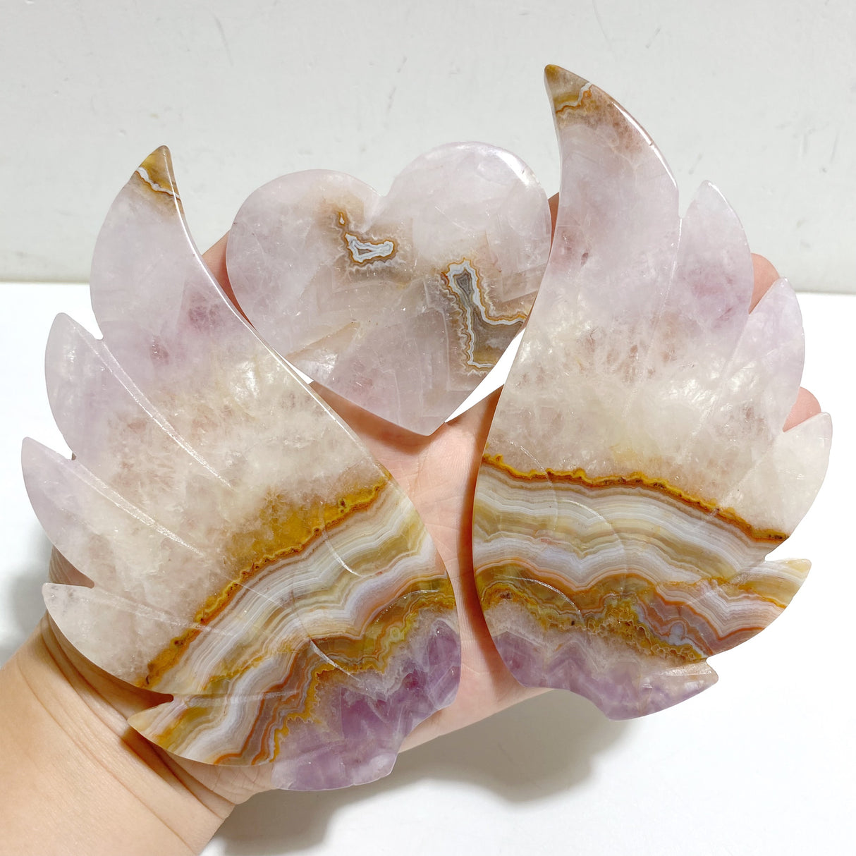 Amethyst Mixed Stripe Agate Heart Wing Carving With Stand