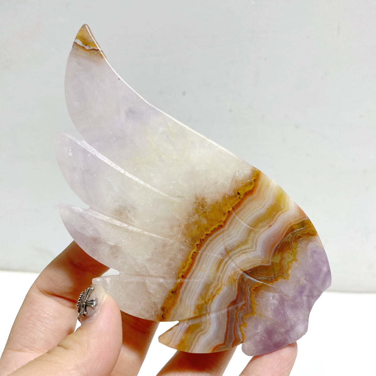 Amethyst Mixed Stripe Agate Heart Wing Carving With Stand