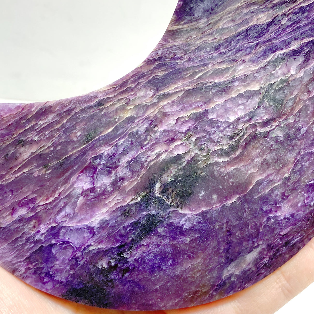 Large Charoite Moon Carving With Stand