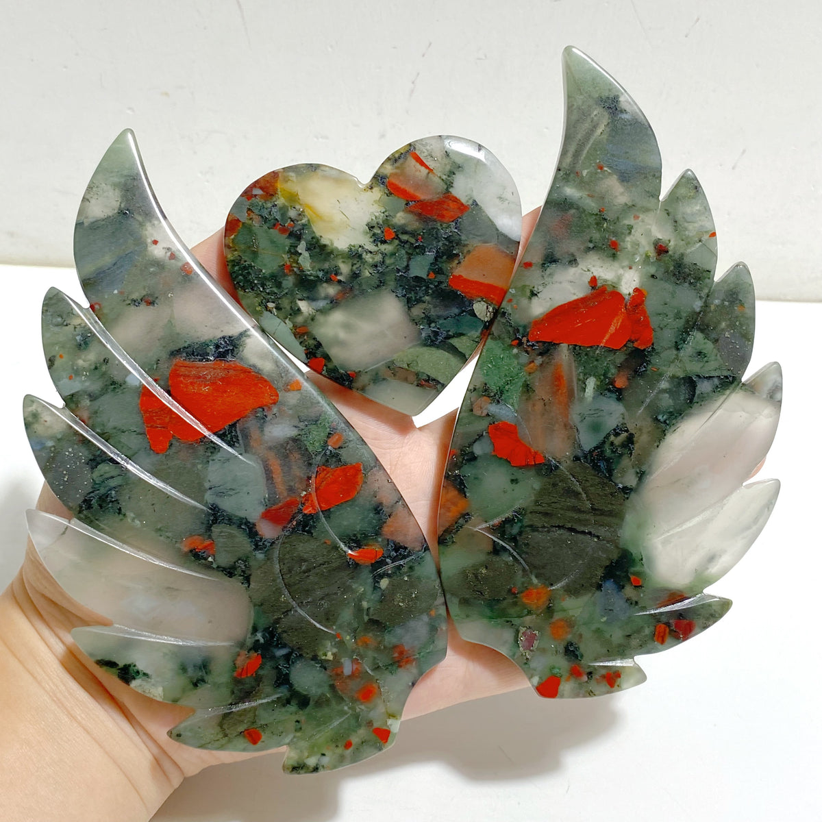 Africa Blood Stone Heart Wing Carving With Stand