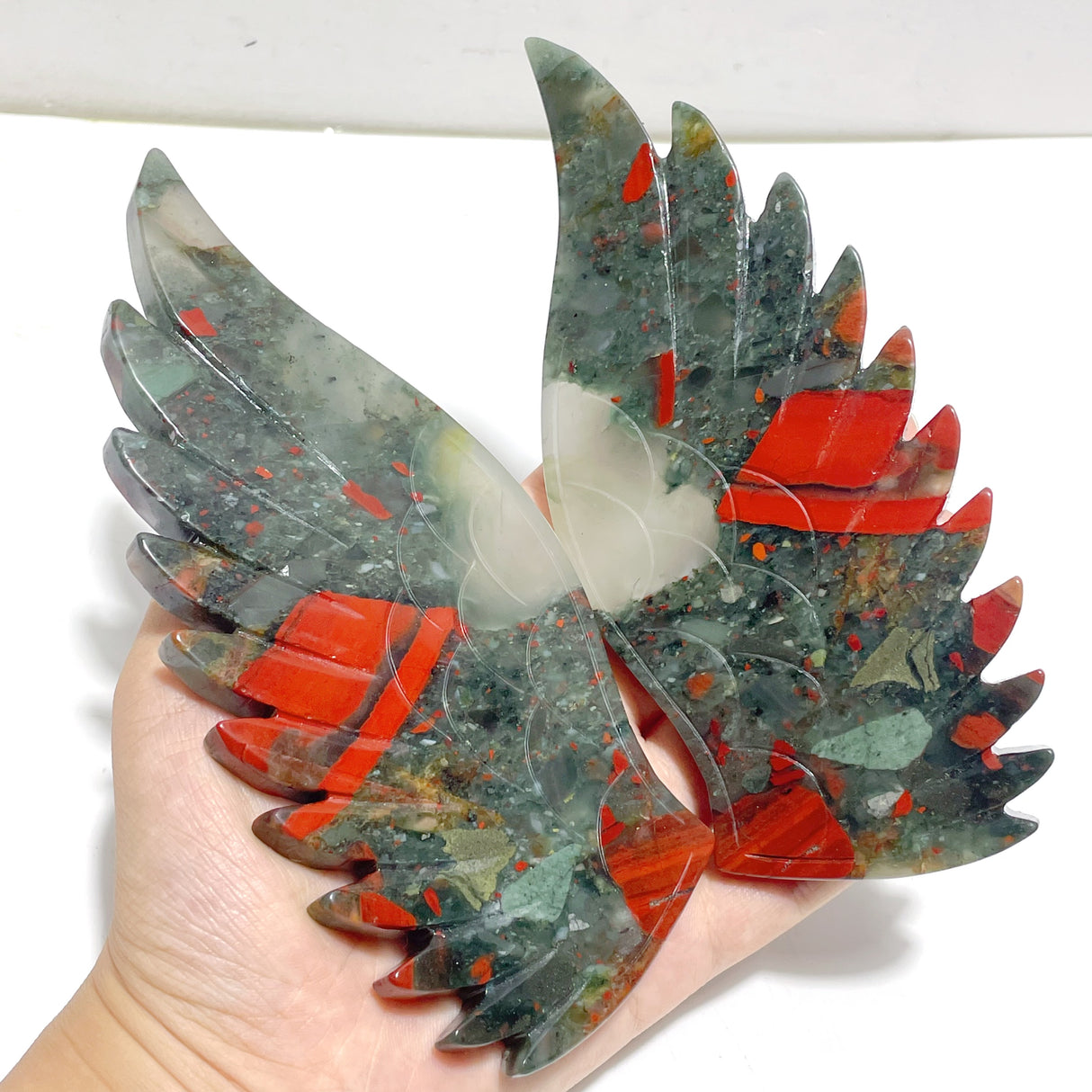 2 Pairs Angel Wing Carving With Stand Africa Blood Stone Morocco Agate