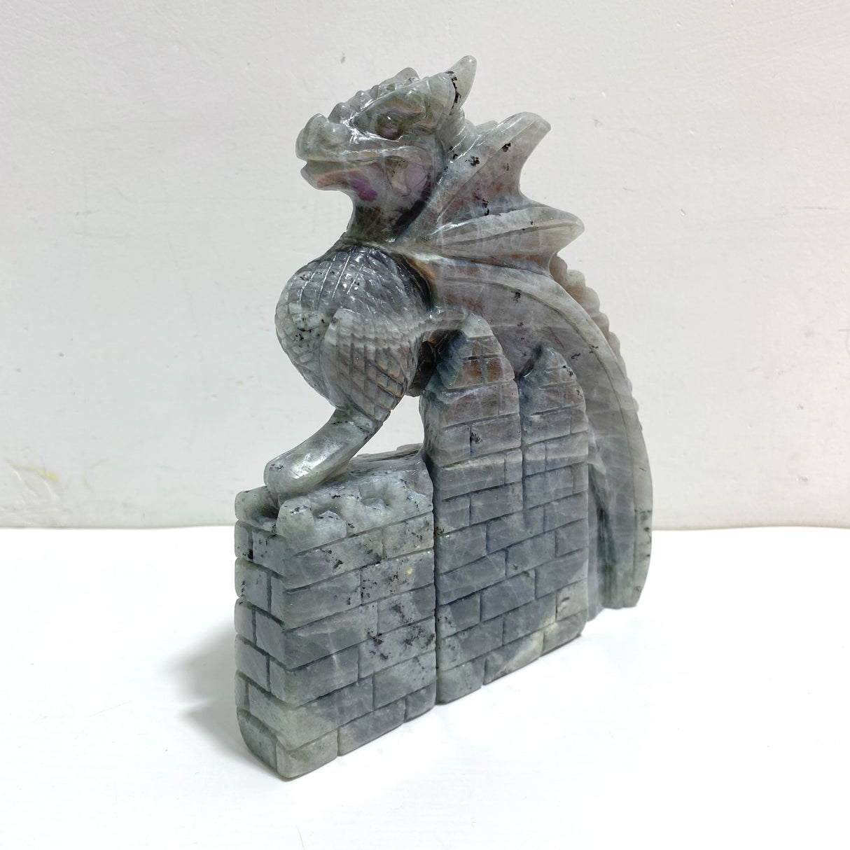 Beautiful Labradorite Flying Dragon Castle Carving