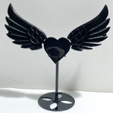 Black Obsidian Heart Wing Carving With Stand