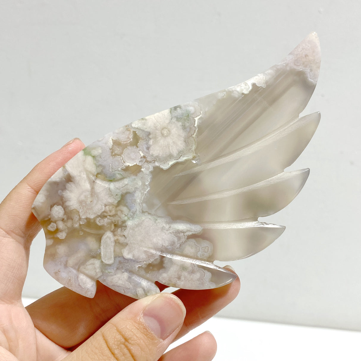 Green Sakura Flower Agate Heart Wing Carving With Stand