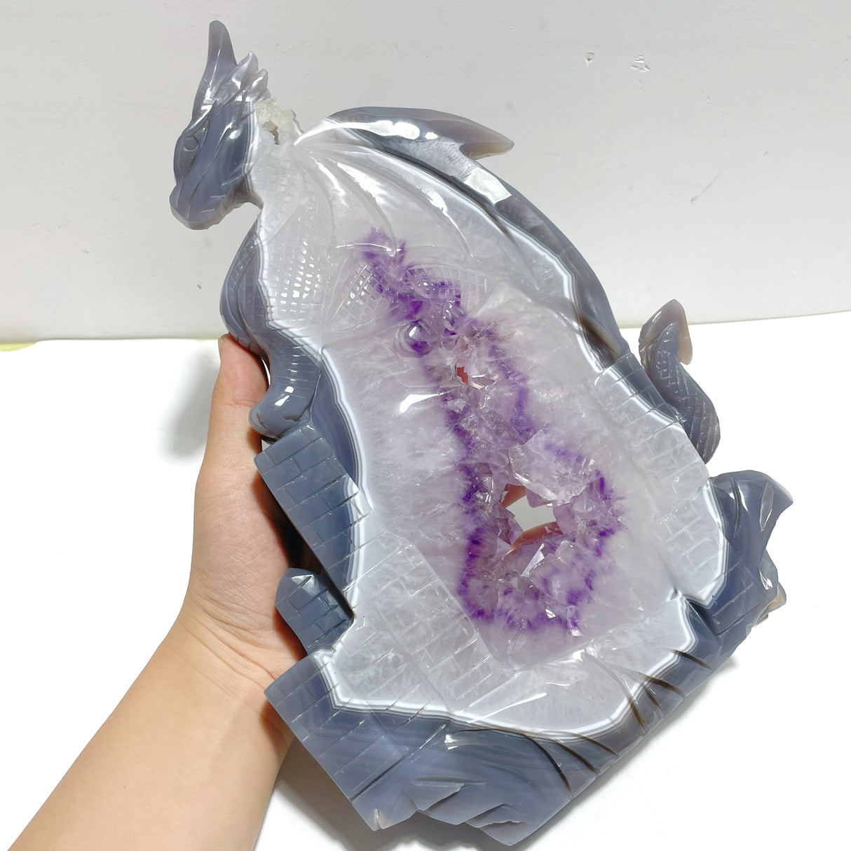Unique Large Amethyst Mixed Geode Druzy Agate Flying Dragon Castle Carving With Stand