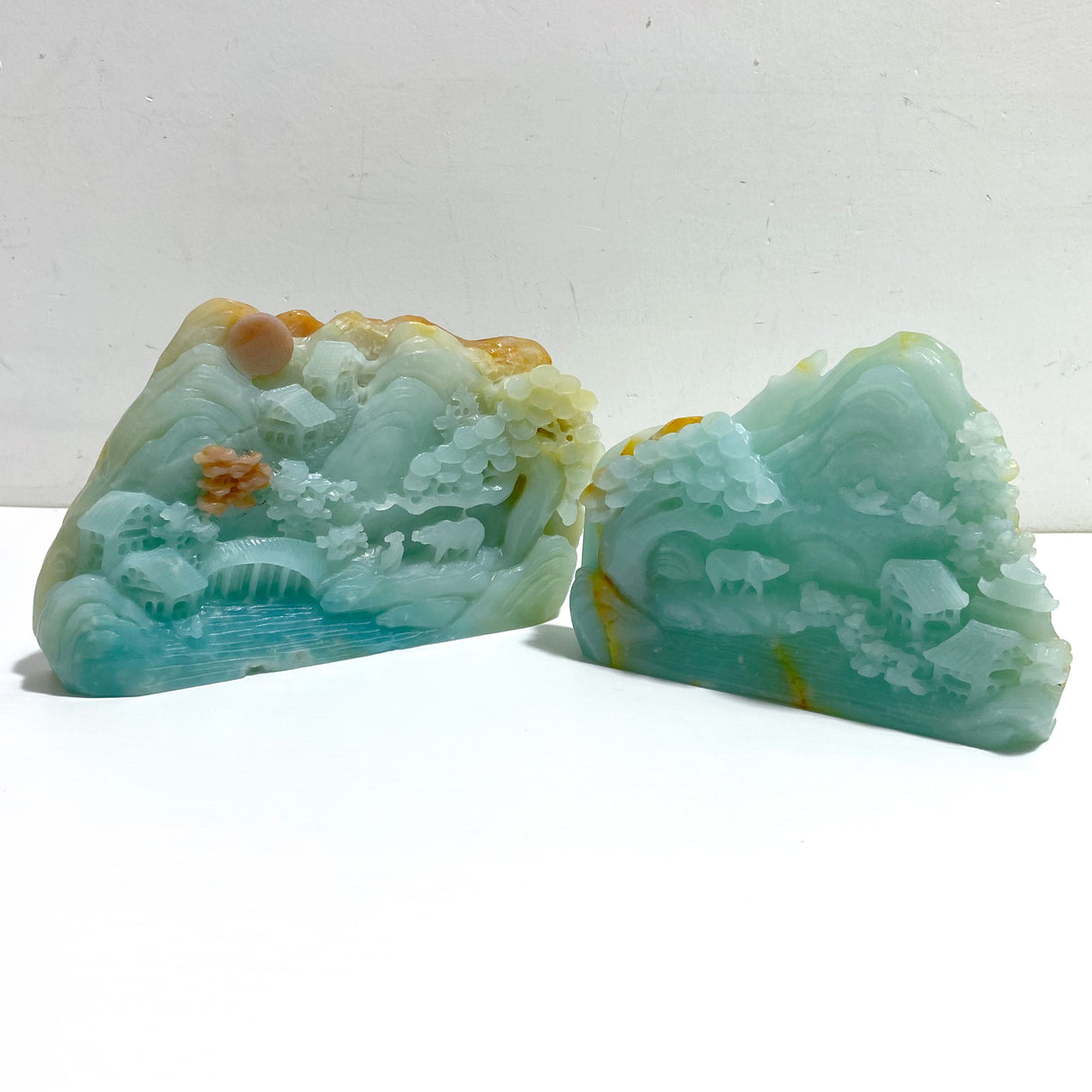 2 Pieces Beautiful Caribbean Calcite Landscape Pavilion Carving #10