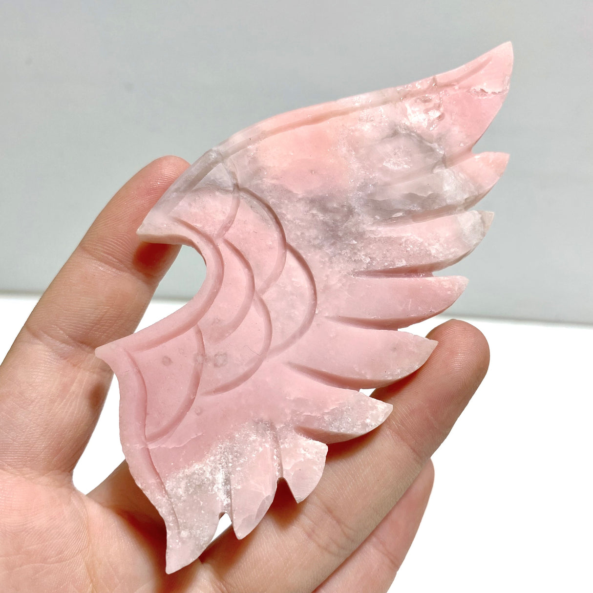2 Pairs Pink Opal Demon Angel Wing Carving With Stand