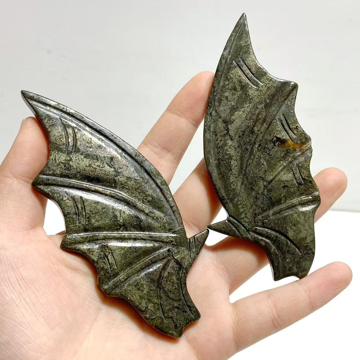 4 Pairs Pyrite Bat Wing Carving With Stand