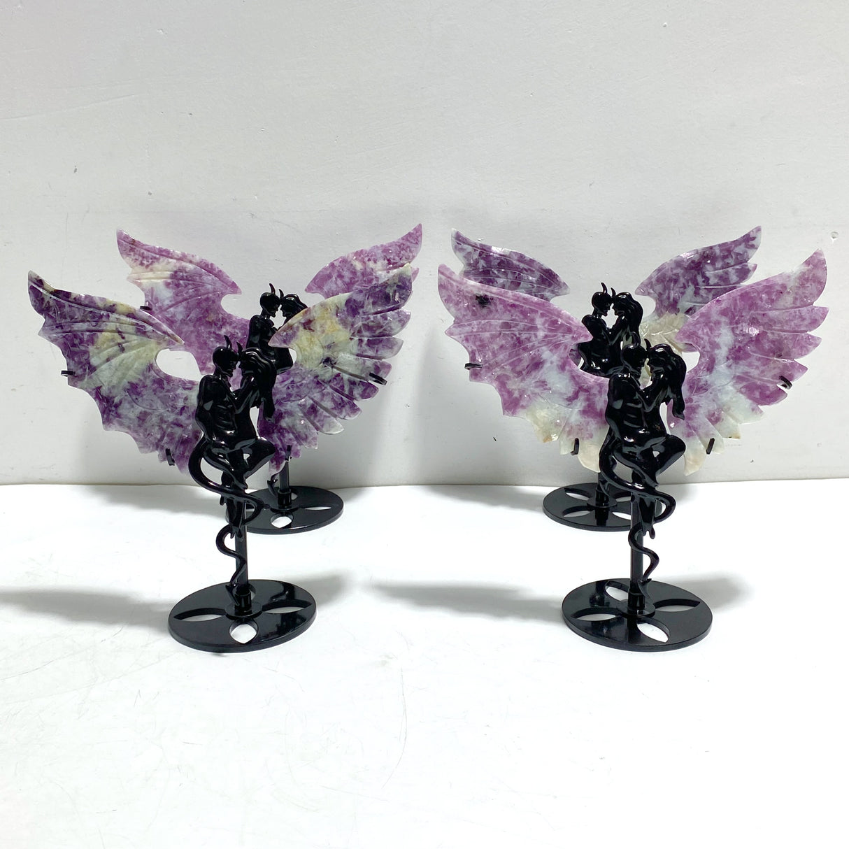 4 Pairs Spark Lepidolite Demon Angel Wing Carving With Stand