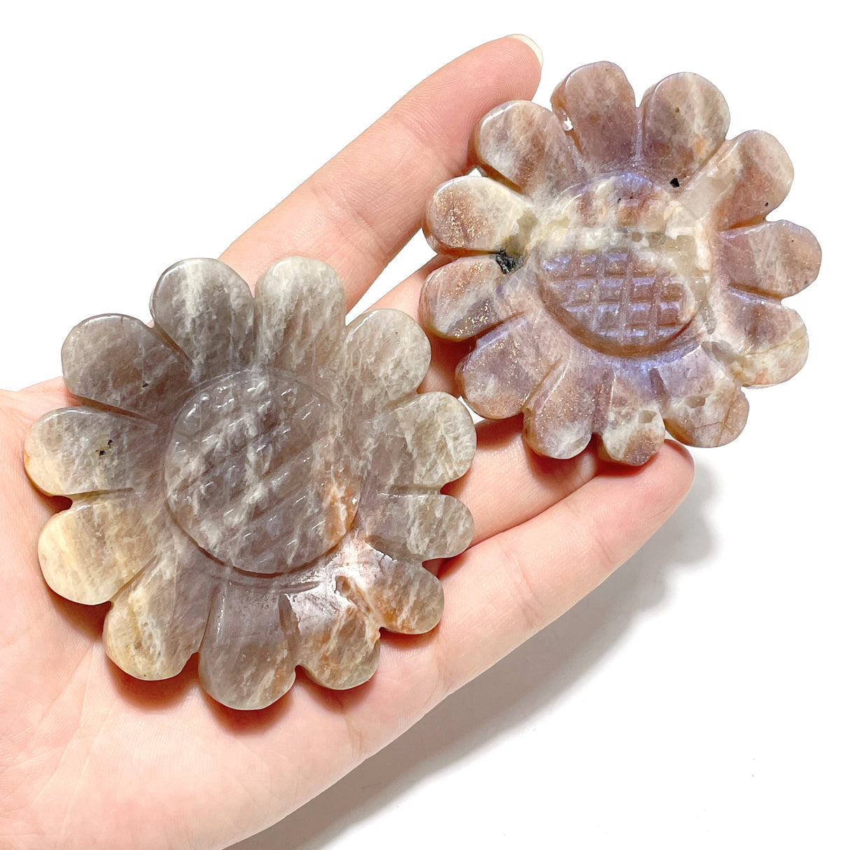 2 Pairs Sunstone Mixed Moonstone Sunflower Carving With Stand