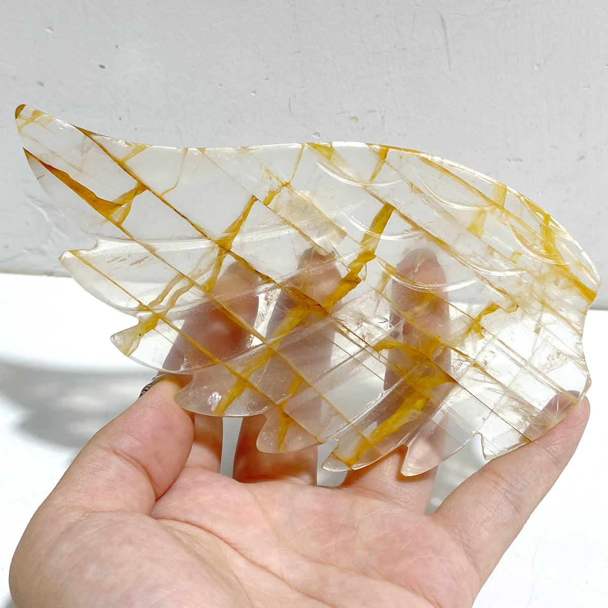 Golden Hematoid Quartz Heart Wing Carving With Stand Fire Quartz