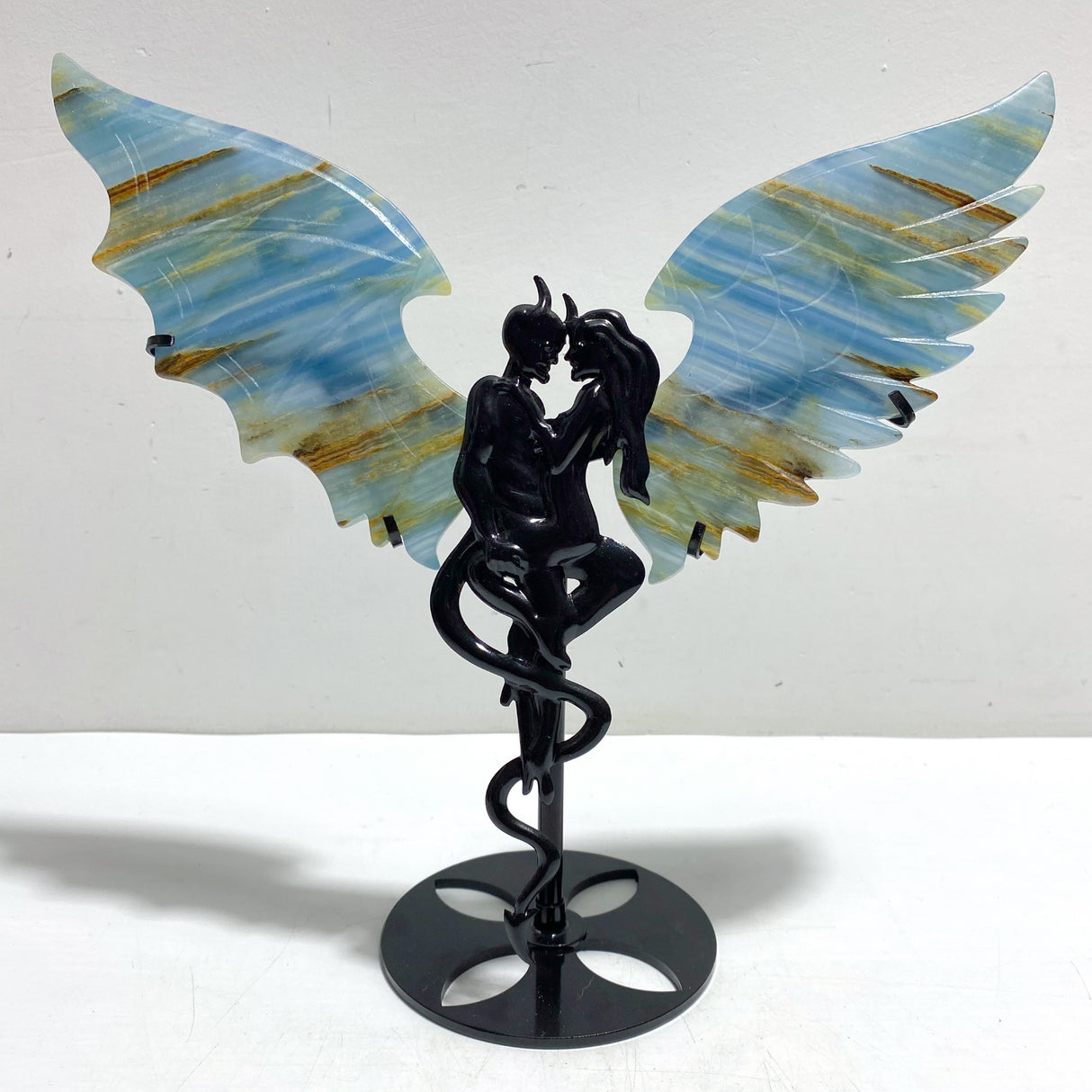 Unique Blue Onyx Demon And Angel Wing Carving With Stand
