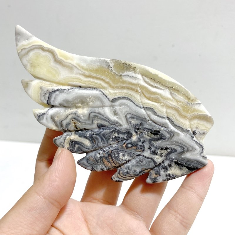 Gray Lace Agate Heart Wing Carving With Stand -Wholesale Crystals