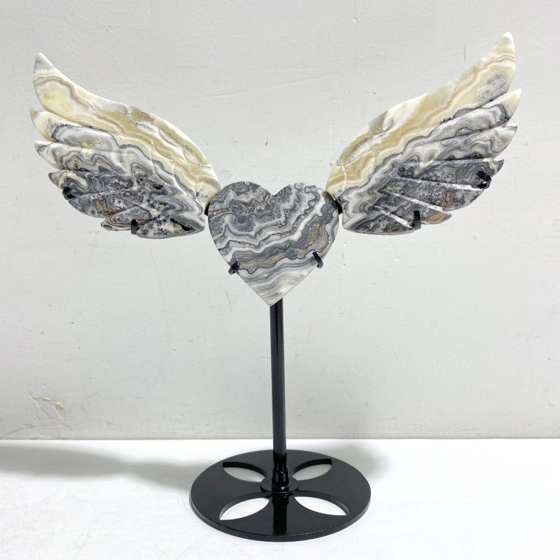 Gray Lace Agate Heart Wing Carving With Stand -Wholesale Crystals