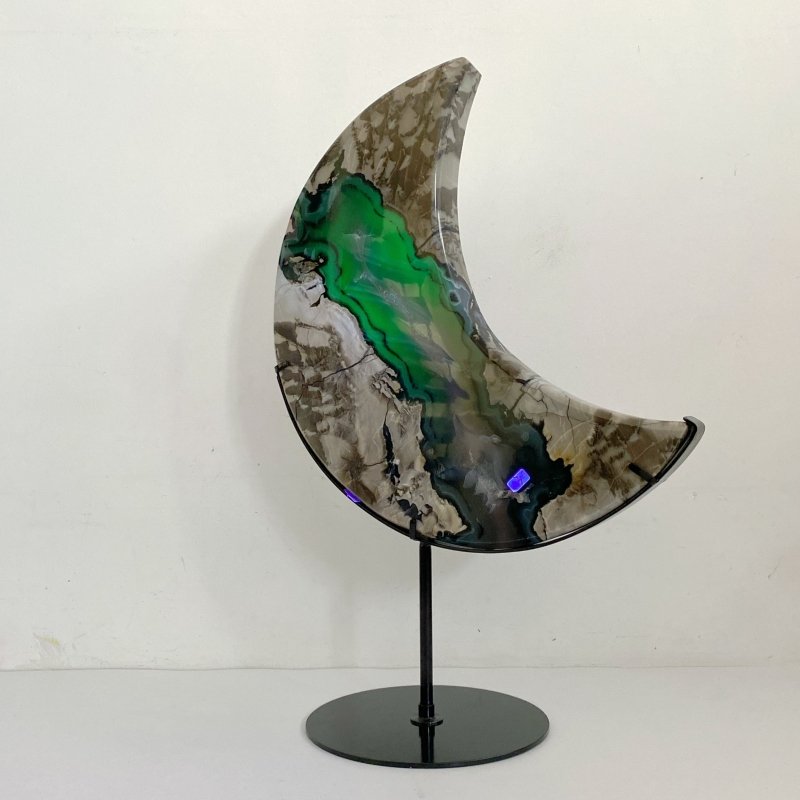 Large Geode Volcano Agate Moon Carving With Stand(UV - Reactive) 1 - Wholesale Crystals