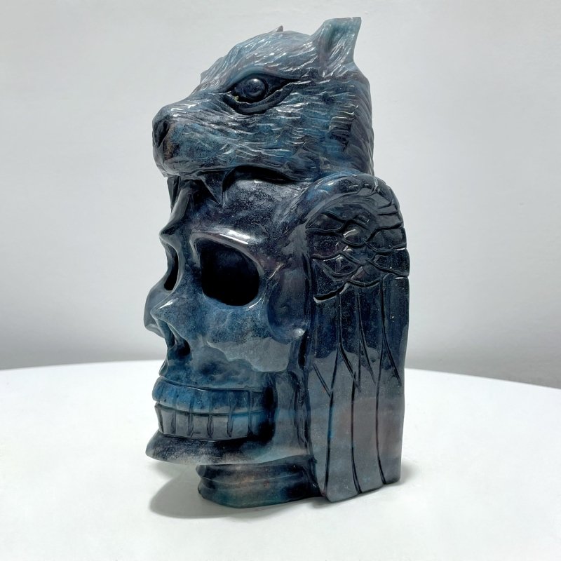 Large Trolleite Stone Wolf Head With Skull Carving - Wholesale Crystals