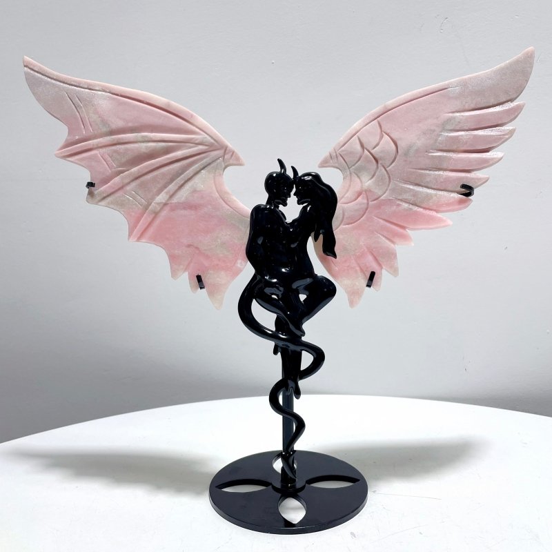 Pink Opal Demon And Angel Wing Carving With Stand - Wholesale Crystals