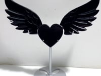 Unique Black Obsidian Heart Wing Carving With Stand