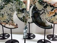 6 Pieces Large Geode Green & Pink Moss Agate Moon With Stand Home Decor