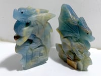 2 Pieces Blue Onyx Flying Dragon Castle Carving