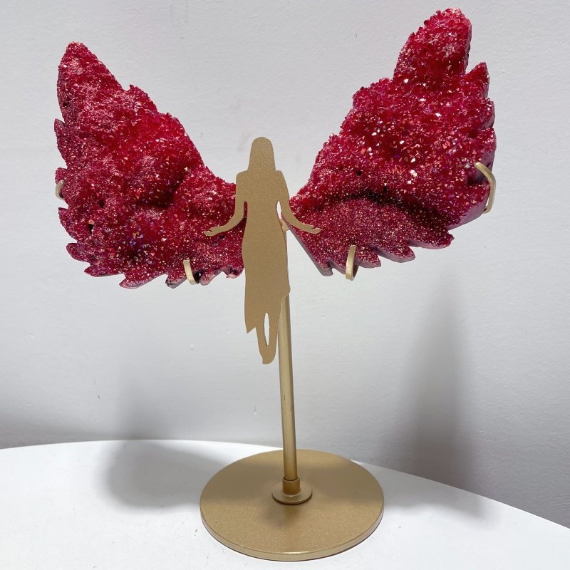 Red Aura Quartz Cluster Angel Wing Carving With Stand - Wholesale Crystals