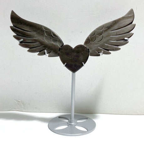 Silver Sheen Obsidian Heart Wing Carving With Stand -Wholesale Crystals
