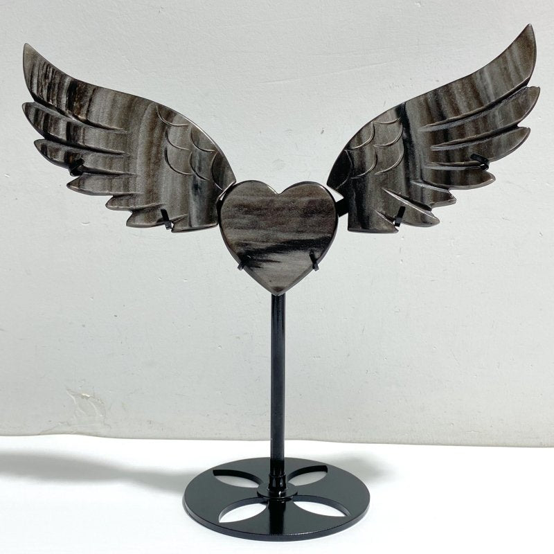 Silver Sheen Obsidian Heart Wing Carving With Stand -Wholesale Crystals