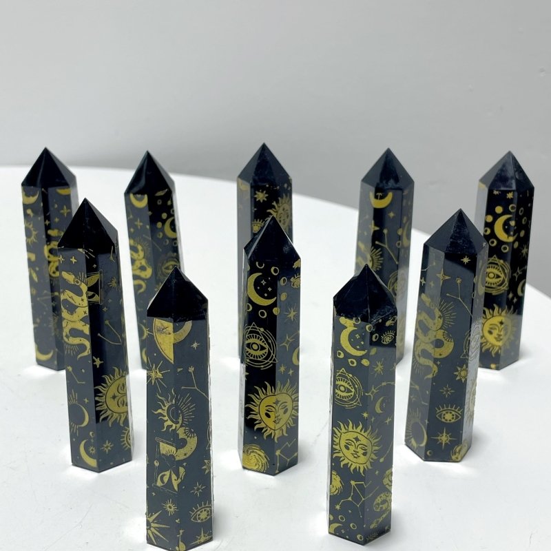 Snake And Sun Laser Printing Obsidian Tower Points Wholesale - Wholesale Crystals