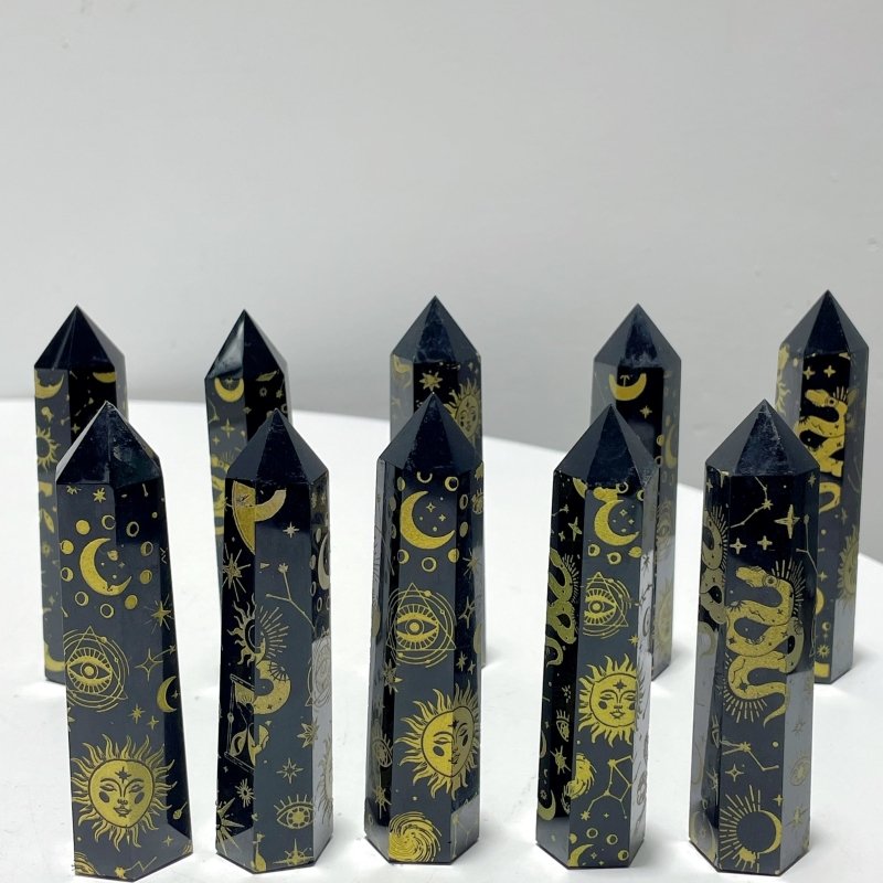 Snake And Sun Laser Printing Obsidian Tower Points Wholesale - Wholesale Crystals