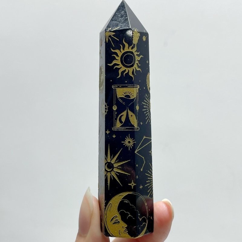 Snake And Sun Laser Printing Obsidian Tower Points Wholesale - Wholesale Crystals