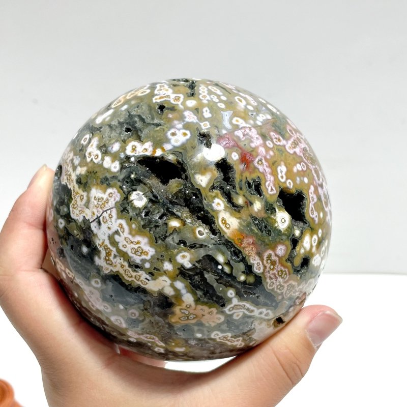 Unique 10.4CM Geode Druzy 8th Vein Ocean Jasper Sphere - Wholesale Crystals