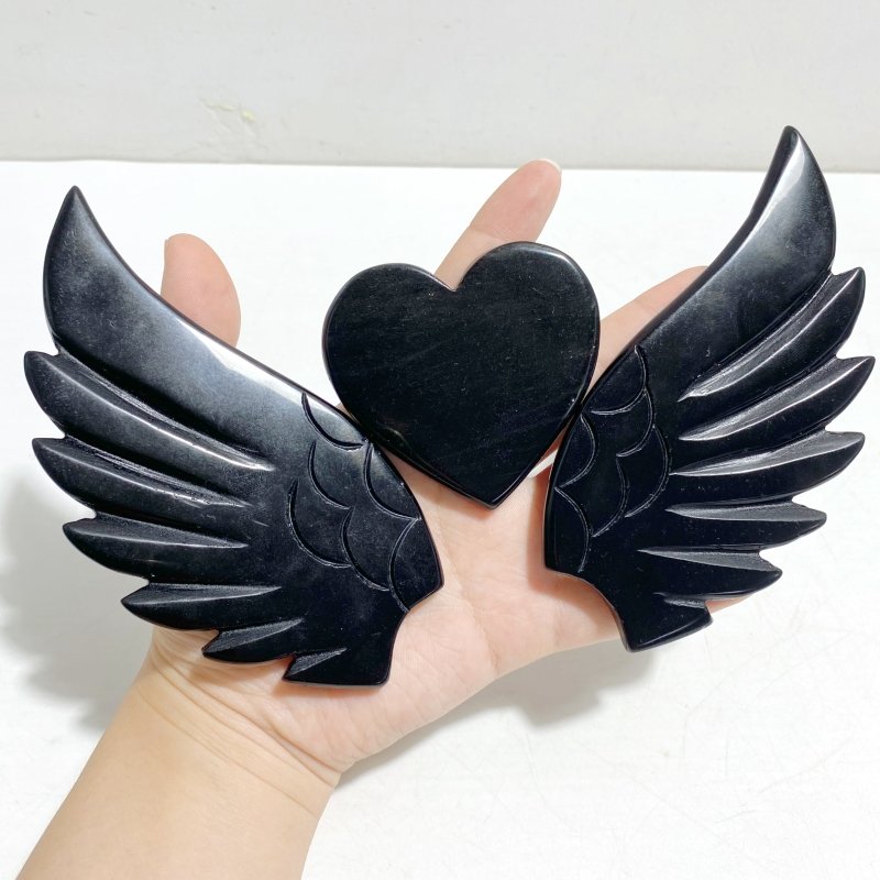 Unique Black Obsidian Heart Wing Carving With Stand - Wholesale Crystals