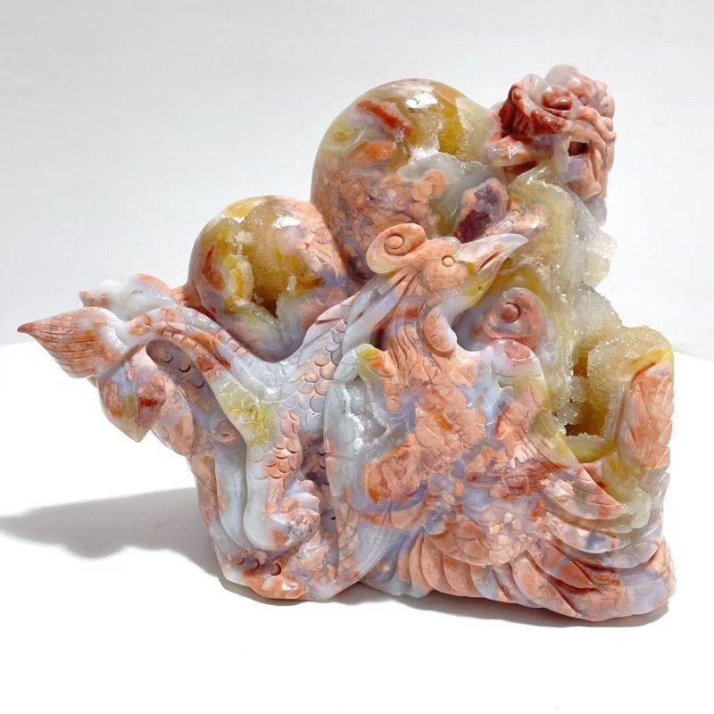 Unique Geode Druzy Pink Agate Chinese Dragon&Phoenix Carving