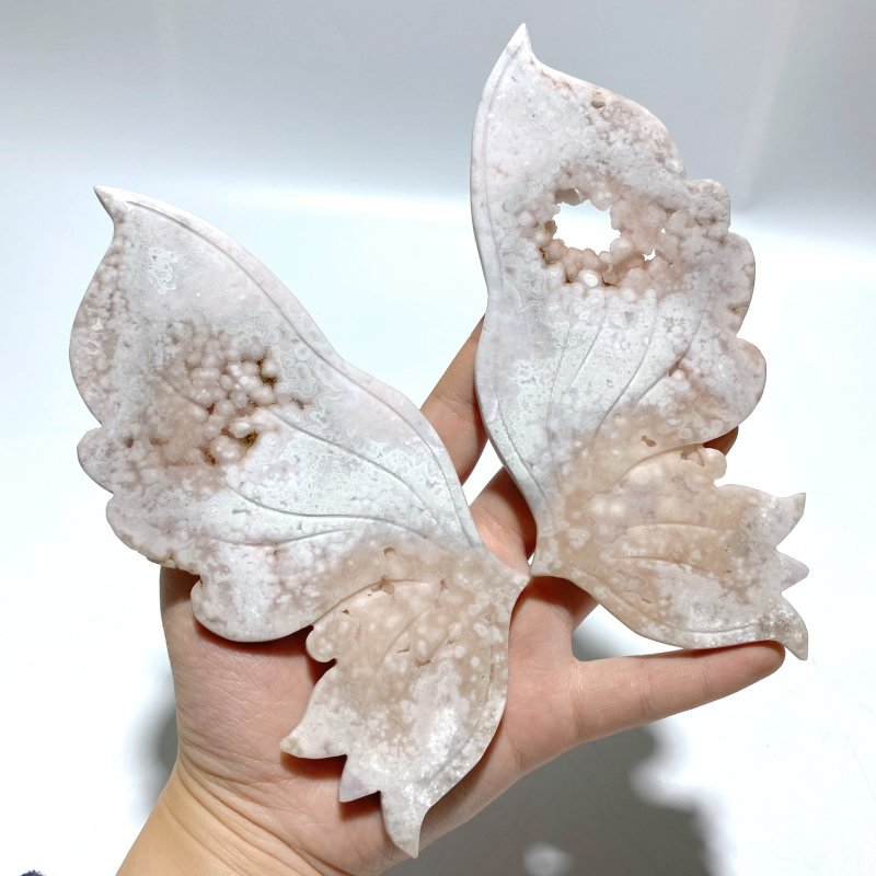 Unique Geode Sakura Flower Agate Butterfly Wing Carving With Stand - Wholesale Crystals