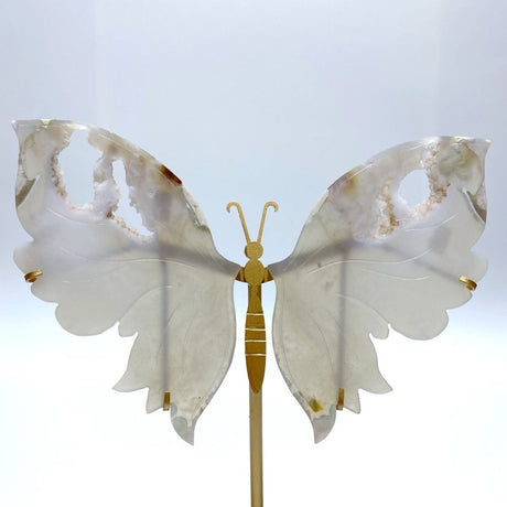 Unique Geode Sakura Flower Agate Butterfly Wing Carving With Stand - Wholesale Crystals