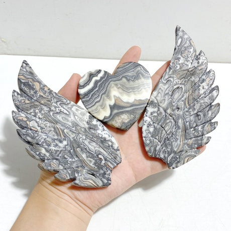 Unique Gray Lace Agate Heart Wing Carving With Stand - Wholesale Crystals