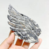 Unique Gray Lace Agate Heart Wing Carving With Stand - Wholesale Crystals