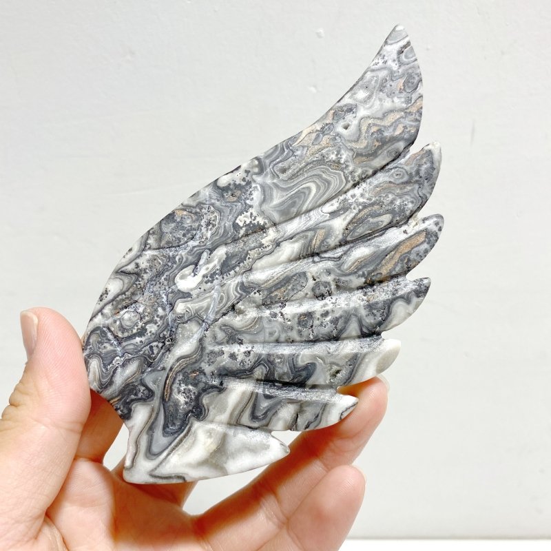 Unique Gray Lace Agate Heart Wing Carving With Stand - Wholesale Crystals