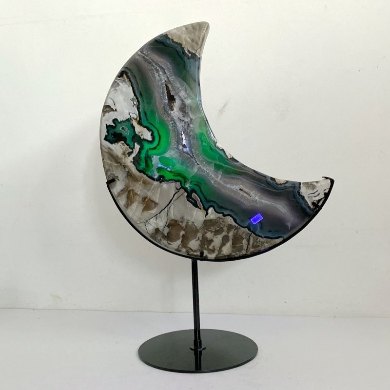 Unique Large Geode Druzy Volcano Agate Moon Carving With Stand(UV - Reactive) 8 - Wholesale Crystals