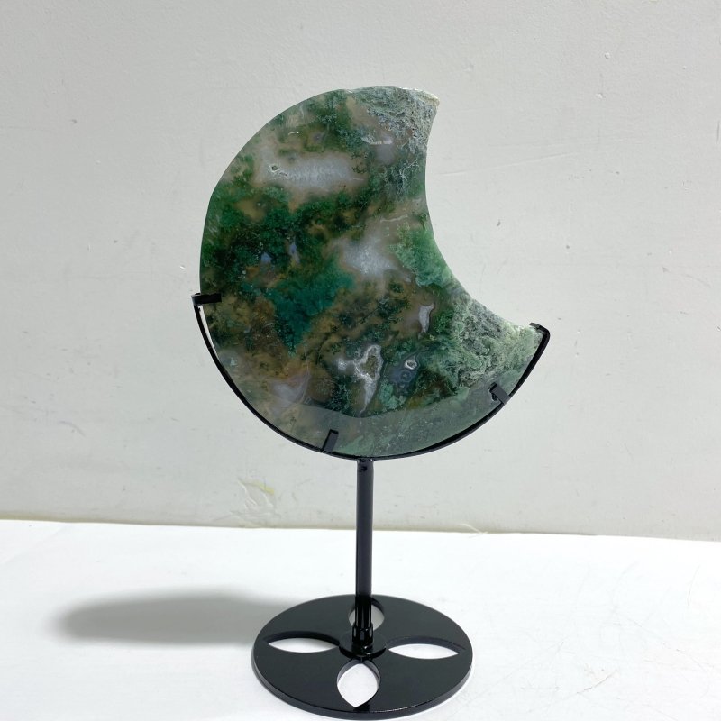 Unique Large Moss Agate Moon With Stand 6 - Wholesale Crystals