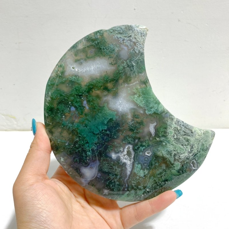 Unique Large Moss Agate Moon With Stand 6 - Wholesale Crystals