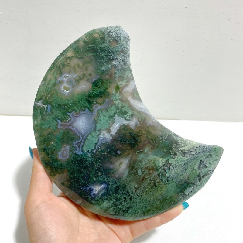 Unique Large Moss Agate Moon With Stand 7 - Wholesale Crystals