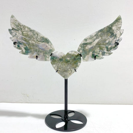 Unique Moss Agate Heart Wing Carving With Stand - Wholesale Crystals