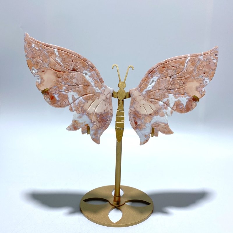Unique Pink Agate Butterfly Wing Carving With Stand - Wholesale Crystals