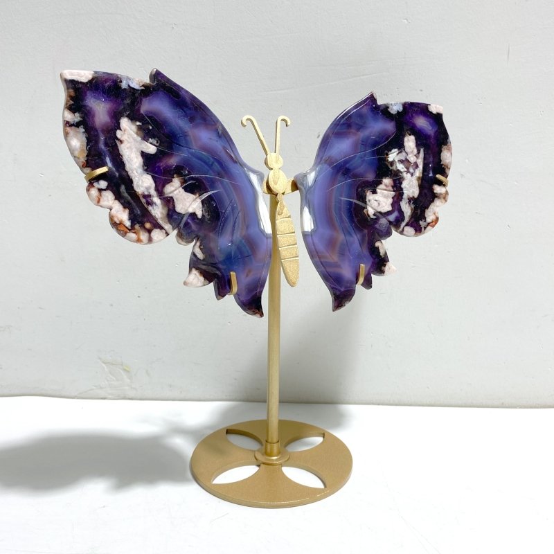 Unique Purple Sakura Flower Agate Butterfly Wing Carving With Stand - Wholesale Crystals