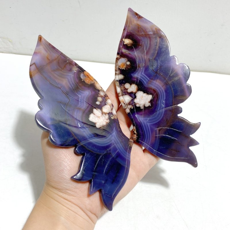 Unique Purple Sakura Flower Agate Butterfly Wing Carving With Stand - Wholesale Crystals