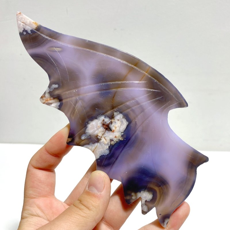 Unique Purple Sakura Flower Agate Demon and Angel Wing Carving With Stand - Wholesale Crystals