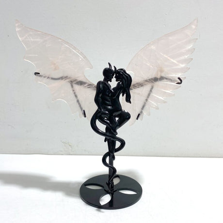 Unique Rose Quartz Demon And Angel Wing Carving With Stand - Wholesale Crystals